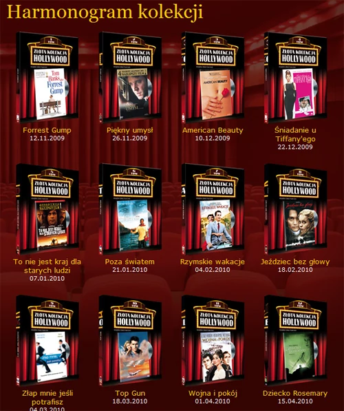 "Złota Kolekcja Hollywood" to 30 arcydzieł światowej kinematografii, reprezentujących różnorodne gatunki i uhonorowanych prestiżowymi nagrodami. Wybitne obrazy w gwiazdorskiej obsadzie i mistrzowskiej reżyserii, takie jak: "Forrest Gump", "Piękny Umysł", "American Beauty", "Śniadanie u Tiffany'ego", "Cast Away" oraz "Top Gun", to tylko niektóre filmy wybrane do kolekcji.
