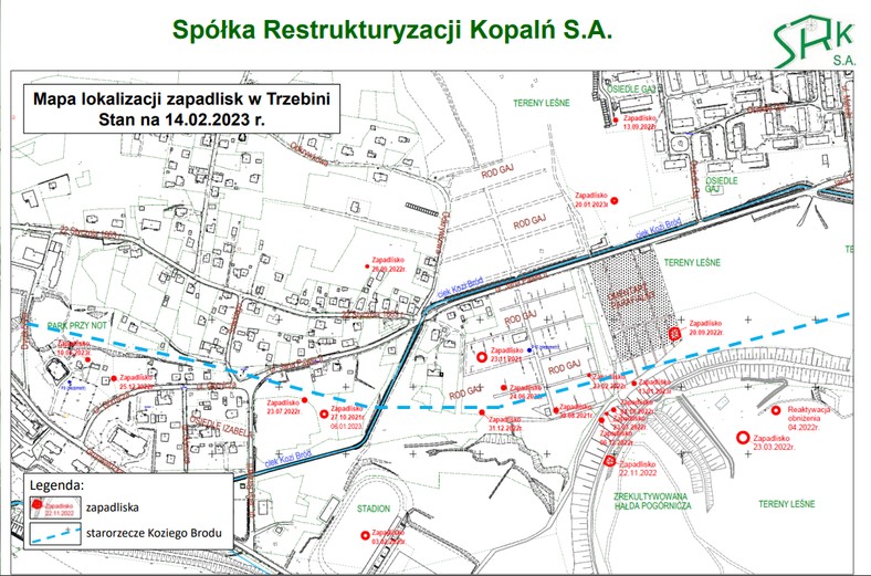 Mapa zapadlisk w Trzebini