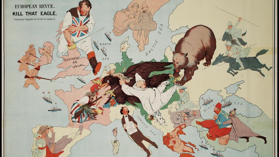 Tego typu mapy były popularne w pierwszych dekadach XX wieku. Każde państwo symbolizuje inna postać lub zwierzę. Myśl przewodnia: zabić orła, którym są tu Niemcy (fot. Paul K, opublikowano na licencji Creative Commons Uznanie autorstwa 2.0 Ogólny).