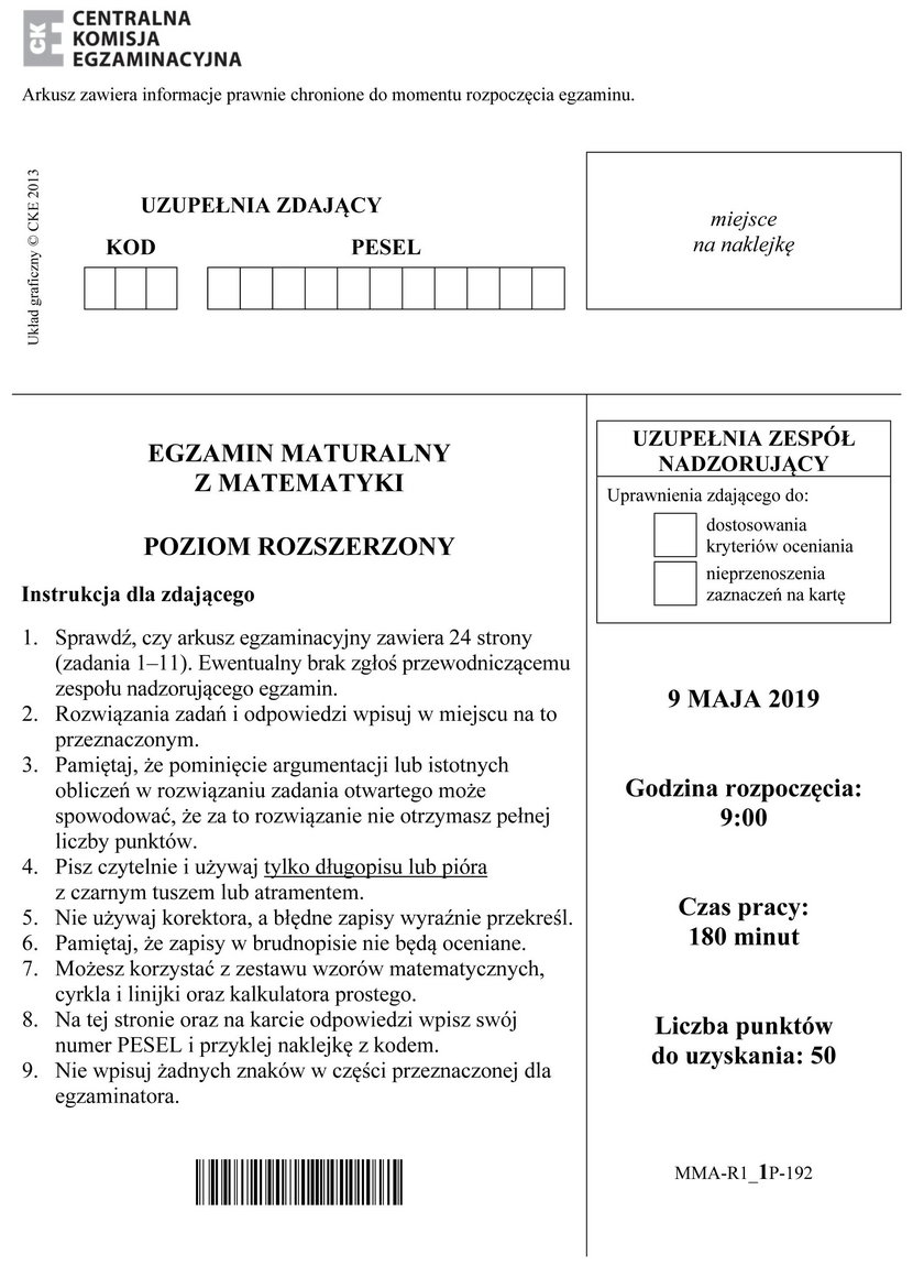 Matura 2019. Matematyka poziom rozszerzony arkusze zadań