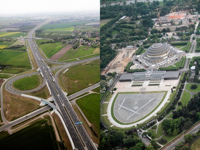 Wrocław z lotu ptaka: Obwodnica Autostradowa i Hala Stulecia. 

Miasto wiele zawdzięcza swemu położeniu. We Wrocławiu krzyżowały się dwie główne drogi handlowe – Via Regia i Szlak bursztynowy. Obecnie prowadzi intensywną wymianę handlową z Niemcami i Czechami, ponieważ znajduje się blisko granicy z tymi państwami.