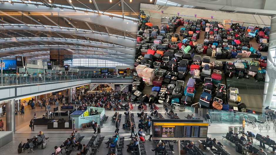 Morze walizek na lotnisku w Londynie