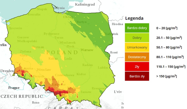 Prognoza stężenia pyłu zawieszonego PM10 w poniedziałek