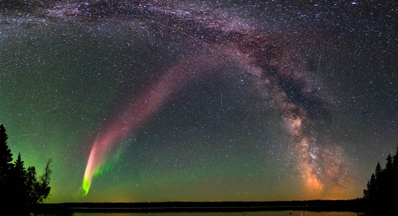 This composite image shows a STEVE (Strong Thermal Emission Velocity Enhancement) and the Milky Way at Childs Lake, Manitoba, Canada.Krista Trinder/NASA Goddard Space Flight Center