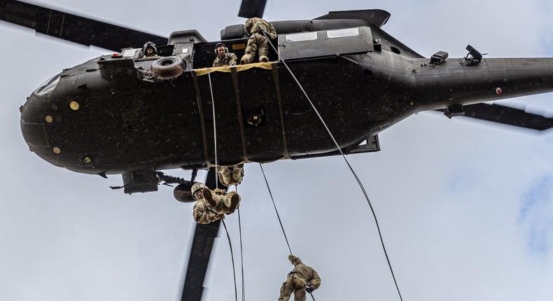 U.S. Army Soldiers from 25th Infantry Division repel from a UH-60 Black Hawk on March 7, 2024.Spc. Mariah Aguilar/US Army