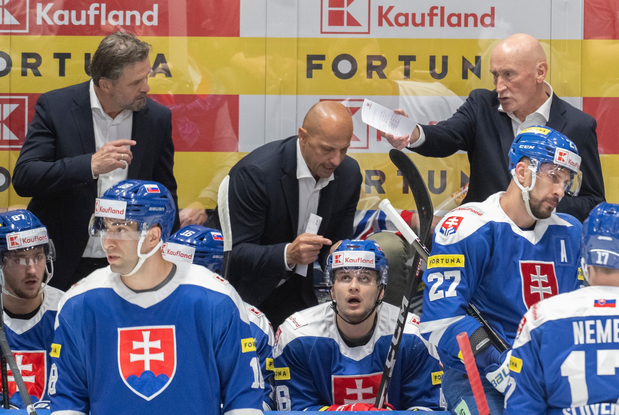 Hore sprava tréner hokejistov Slovenska Craig Ramsay, jeho asistenti Ján Pardavý a Róbert Petrovický, dole sprava Šimon Nemec, Marek Hrivík, Viliam Čacho, Andrej Kudrna a Pavol Regenda.