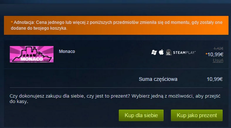 Gdy cena którejś gry w naszym koszyku ulegnie zmianie, zostaniemy o tym poinformowani. To dobry sposób na śledzenie promocji