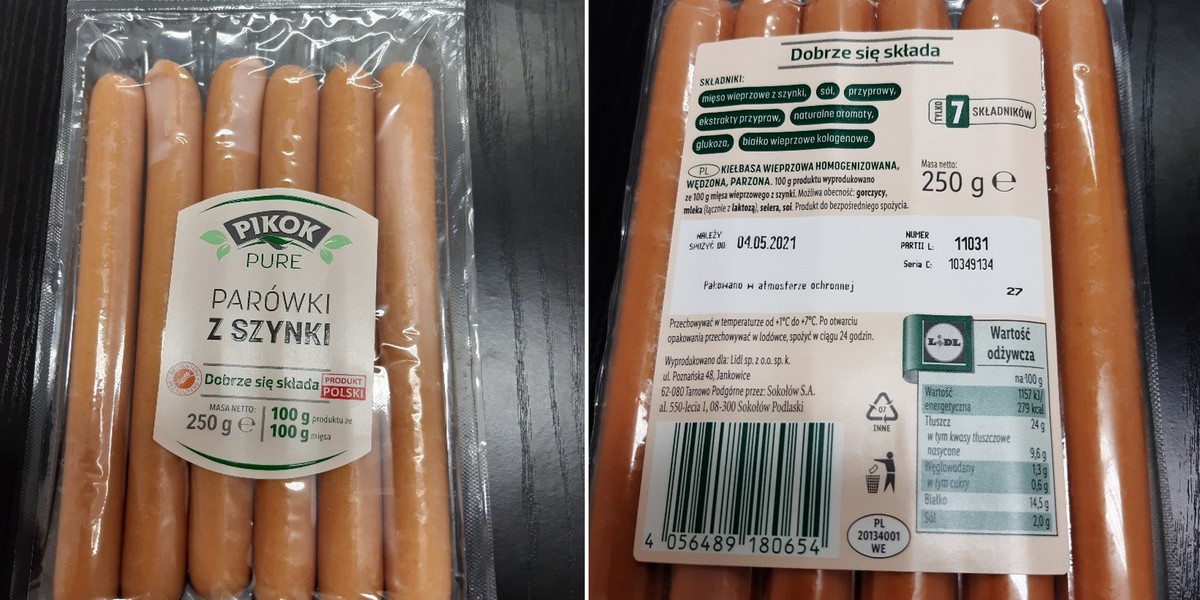 GIS nakazał wycofanie jednej partii parówek z szynki 250 g "Pikok Pure" ze sklepów Lidl. Znaleziono w niej bakterie listerii