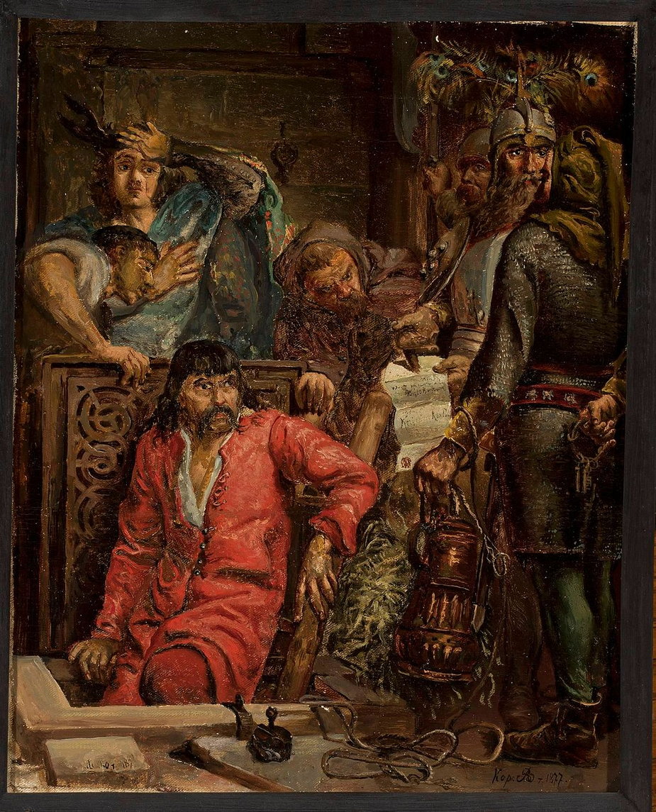Maćko Borkowic schodzi do lochu głodowego, obraz Jana Matejki