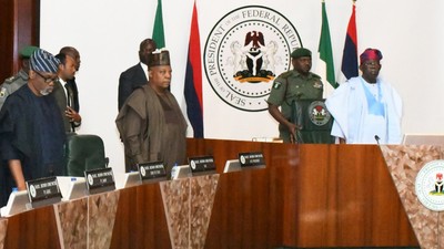 From left: Chief of Staff, Femi Gbajabiamila, Vice President Kashim Shettima and President Bola Ahmed Tinubu during their first meeting with members of the National Executive Council on Thursday, June 15, 2023. [Presidency]