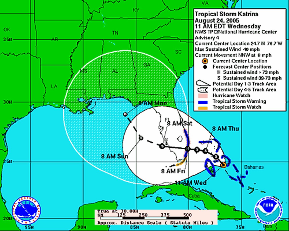 Mapa huraganu Katrina, lato 2005 r. źródło: NOAA via Bloomberg News