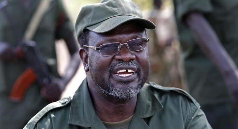 Riek Machar, South Sudan's then rebel leader, talks to his men in a rebel-controlled territory in Jonglei State, South Sudan, in this January 31, 2014 file photo. 