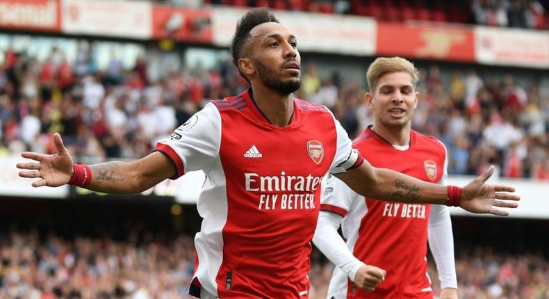 Man of the moment: Arsenal captain Pierre-Emerick Aubameyang celebrates his winner against Norwich