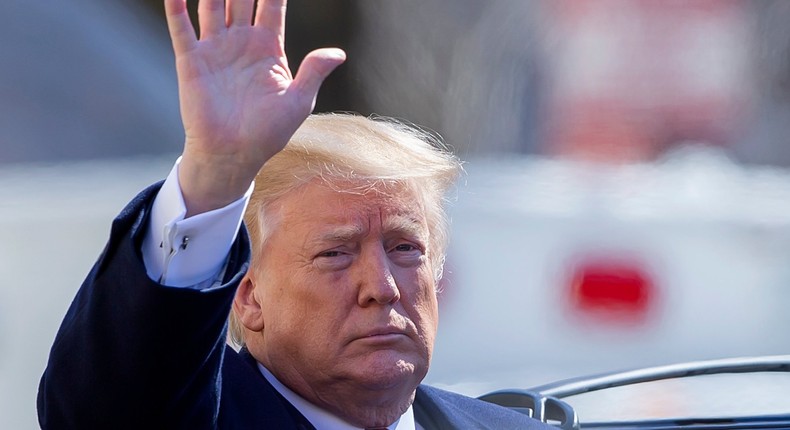 WASHINGTON, DC - MARCH 17: (AFP OUT) US President Donald J. Trump gestures as he departs after attending services at St. John's Episcopal Church March 17, 2019 in Washington, DC. The Trumps attended church on St. Patrick's Day. (Photo by Eric Lesser - Pool/Getty Images)