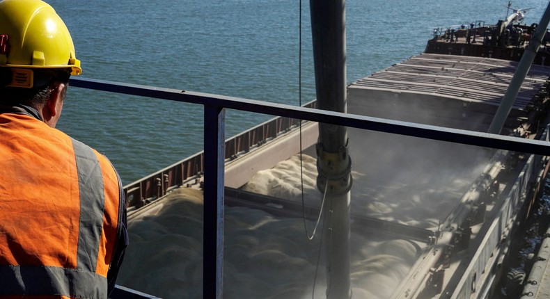 Workers load barley onto a cargo ship at the Rostov-on-Don port in Russia on June 11.