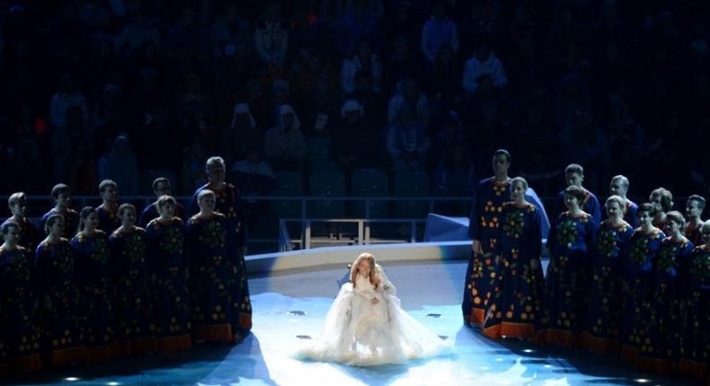 Singer Yuliya Samoilova performing in the Fisht Olympic Stadium during the opening ceremony of the 2014 Winter Paralympic Games in the Black Sea resort of Sochi on March 7, 2014