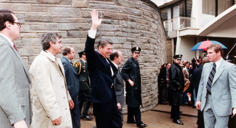 President Ronald Reagan moments before being shot by John Hinckley Jr.CORBIS/Corbis via Getty Images