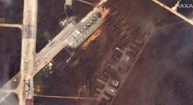 An overview of damaged aircraft at Saki Airbase after attack, in Novofedorivka, Crimea August 10, 2022.