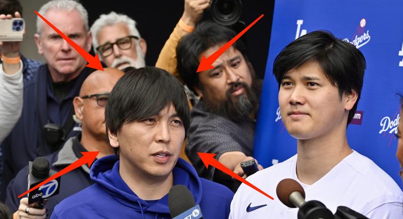 Ippei Mizuhara, left, the former interpreter for Dodgers player Shohei Ohtani, right, was charged Thursday with stealing $16 million from Ohtani to pay off gambling debts.Keith Birmingham/MediaNews Group/Pasadena Star-News via Getty Images
