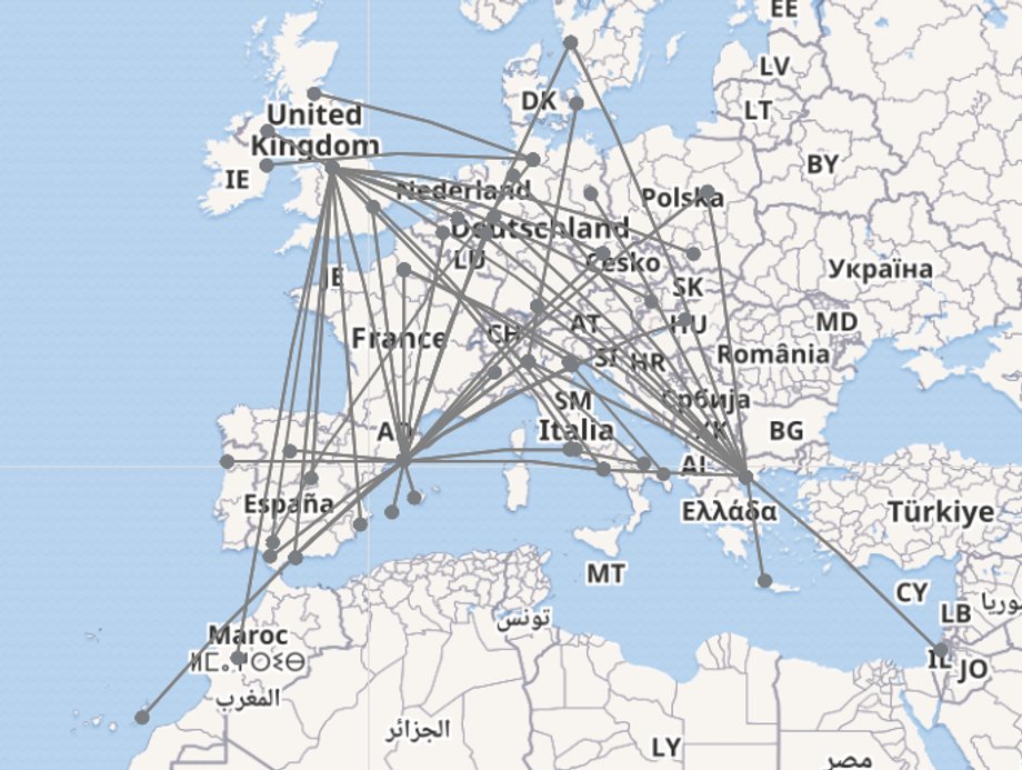 Mapa połączeń, jakie w ciągu miesiąca obsługuje jeden z samolotów linii lotniczych Ryanair