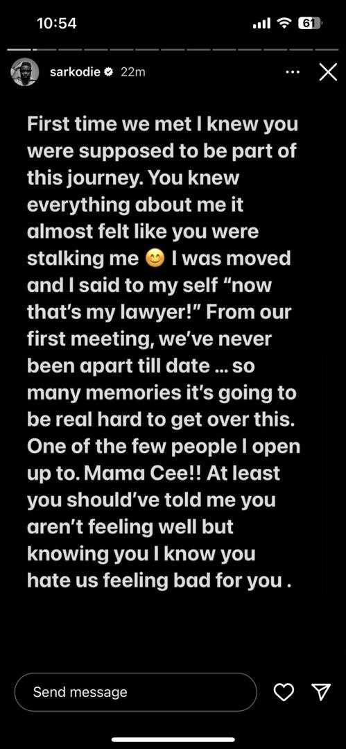 Sarkodie mourns  his lawyer, Cynthia Quarcoo.