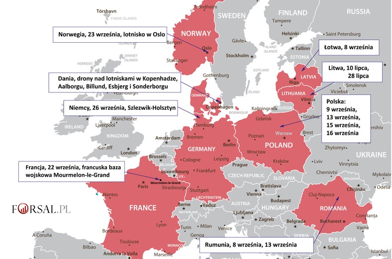 Nieznane drony nad Europą - mapa (