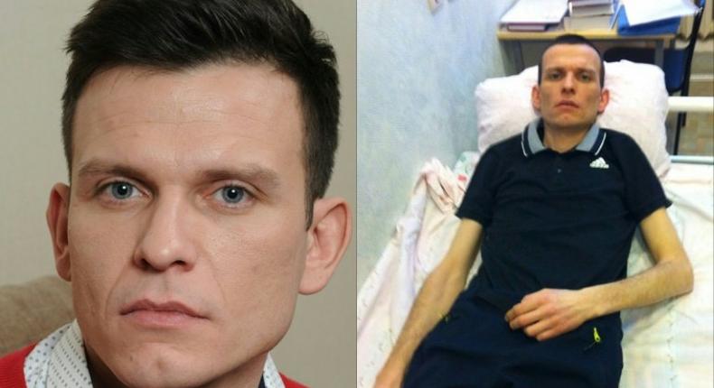 Picture combo created February 13, 2017 and provided by the family of lawyer Andrei Krekov shows him (left) on December 14, 2014 and (right) lying in a bed at a hospital in northwest Russia's Arkhangelsk region on February 13, 2016