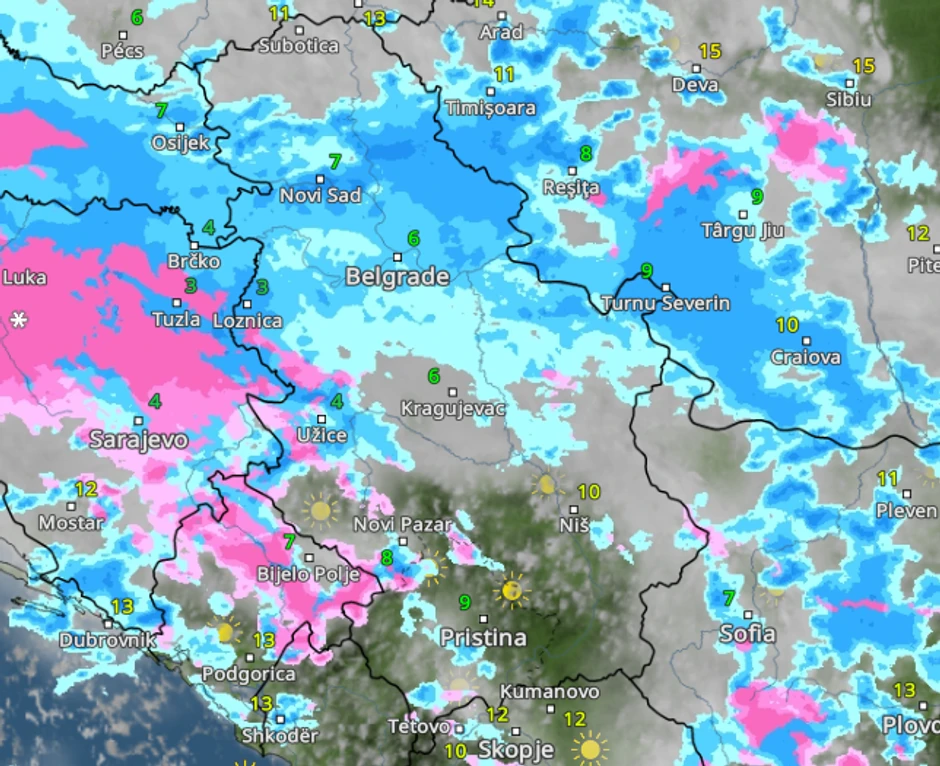 Kretanje padavina u petak u 14 lasova 