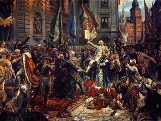 Uchwalona w 1791 roku Konstytucja 3 maja formalnie zniosła prawo liberum veto, które zdaniem wielu historyków było jedną z głównych przyczyn upadku I Rzeczpospolitej. To obowiązujące od 1652 roku prawo — połączone z zasadą jednomyślności — pozwalało każdemu pojedynczemu posłowi zapobiec przyjmowaniu uchwał przez Sejm. W efekcie państwo stało się niezdolne do wprowadzania reform. Obecnie wady i zalety zasady jednomyślności głosowań w Radzie Unii Europejskiej są jedną z głównych osi debaty na temat przyszłości UE. (Ilustracja: Jan Matejko, "Konstytucja 3 maja", zbiory Zamku Królewskiego w Warszawie)