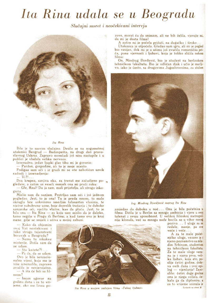 Sečak iz časopisa “Cinema revija”, Zagreb, 1931. godina, gde je objavljena i fotografija njenog supruga Miodraga Đorđevića