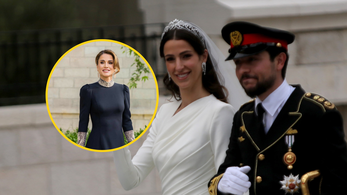 Królowa Rania na ślubie swojego syna Husejna i Rajwy Al Saif, 2023 r.