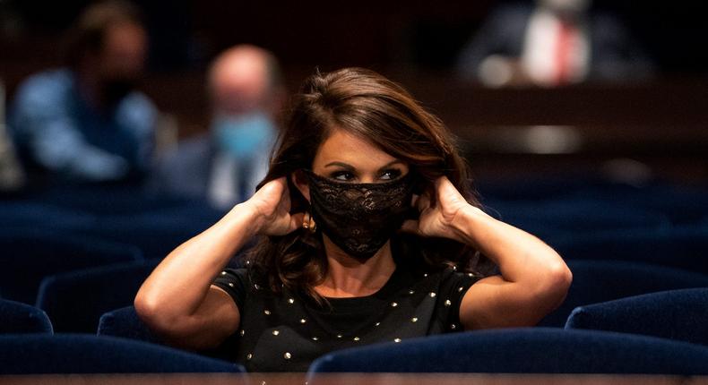 Rep. Lauren Boebert puts on a transparent mask after a reminder from Chairman Rep. Jerrold Nadler at a House Judiciary Committee hearing on October 21, 2021.