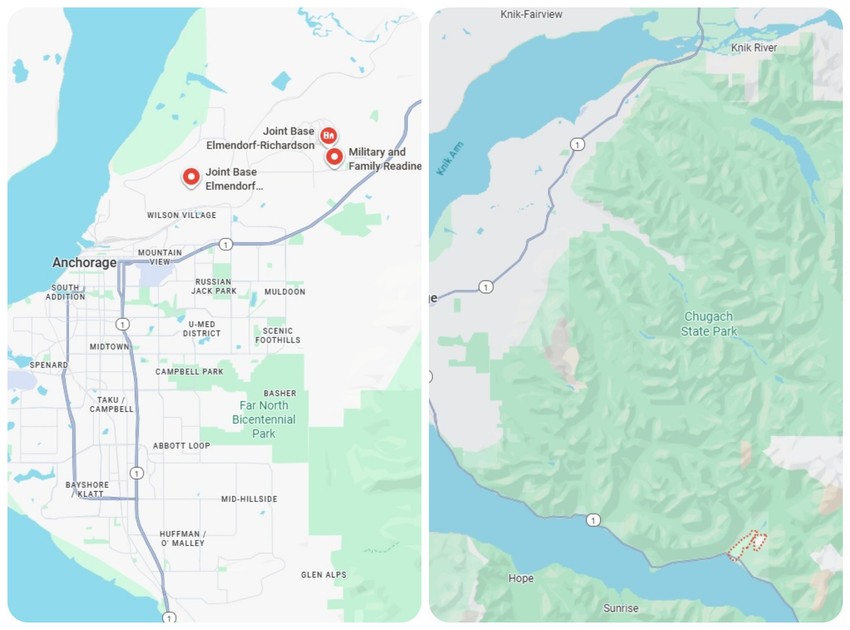 Vojna baza Elmendorf-Ričardson i odmaralište na mapi