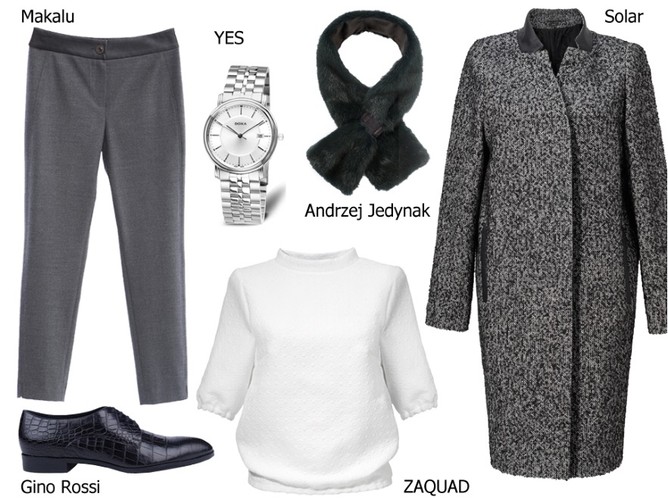 Płaszcz Solar:  789,00 pln Spodnie Makalu:  219,00 pln Bluzka Zaquad:  350,00 pln Etola Andrzej Jedynak:  390,00 pln Buty Gino Rossi: 399,90 pln Zegarek YES: 980,00 pln