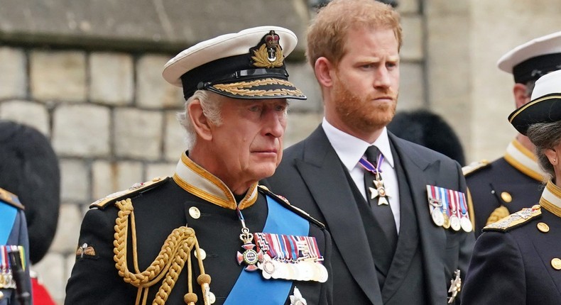 King Charles, Prince Harry, and Princess Anne at the Committal Service for Queen Elizabeth II.Kirsty O'Connor - WPA Pool/Getty Images