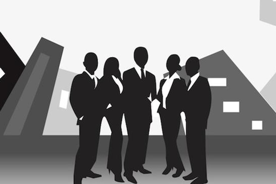 vector image of business team standing in front of office buildings