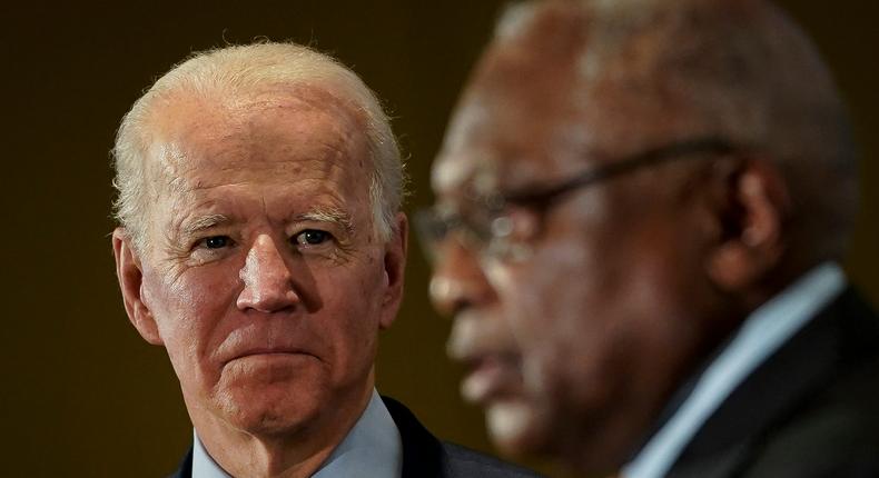 Then-candidate Joe Biden looks on as U.S. Rep. and House Majority Whip James Clyburn (D-SC) announces his endorsement for Biden at Trident Technical College February 26, 2020 in North Charleston, South Carolina.Drew Angerer/Getty Images