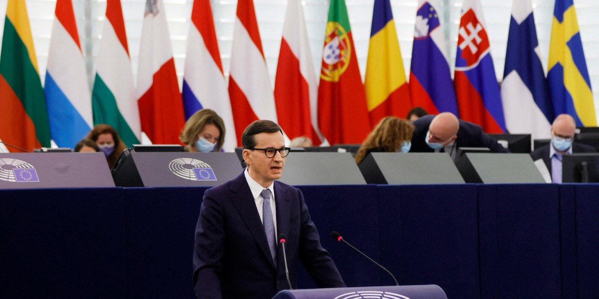 Premier Mateusz Morawiecki przemawiający w Parlamencie Europejskim w Strasbourgu