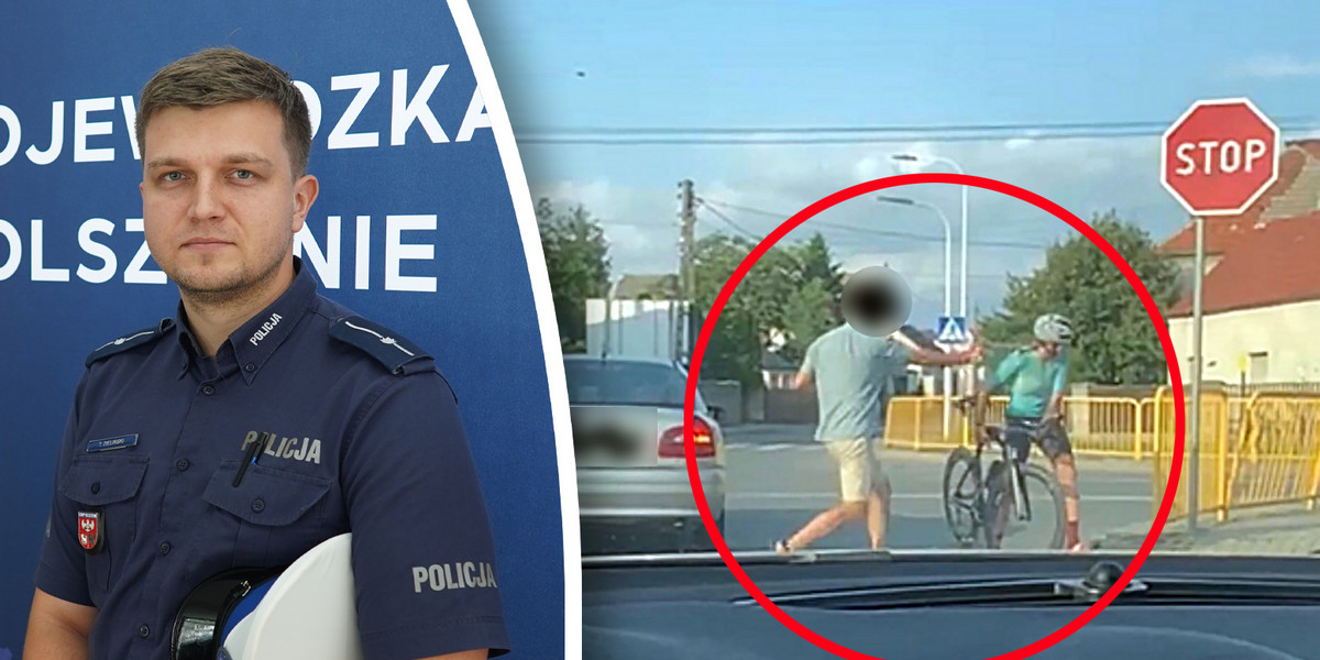 Mł. asp. Tomasz Zieliński z Wydziału Ruchu Drogowego Komendy Wojewódzkiej Policji w Olsztynie objaśnia przepisy dotyczące zasad poruszania się rowerem.