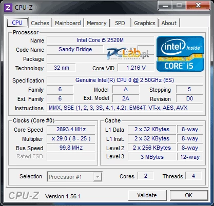 Procesor to Intel Core i5-2520M – dwurdzeniowy, czterowątkowy układ z funkcją Turbo. Nominalna prędkość może zostać zwiększona z 2,5 GHz do nawet 3,2 GHz