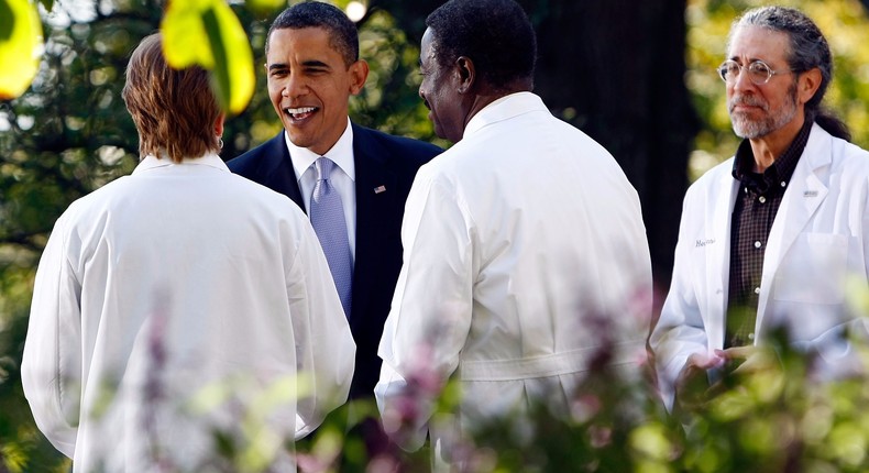 U.S. President Barack Obama greets doctors in the Rose Garden following an event at the White House on October 5, 2009 in Washington, DC promoting his health care plan