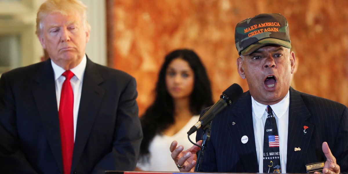 Veterans advocate Al Baldasaro speaks to defend Republican presidential nominee Donald Trump at Trump Tower in New York on May 31.