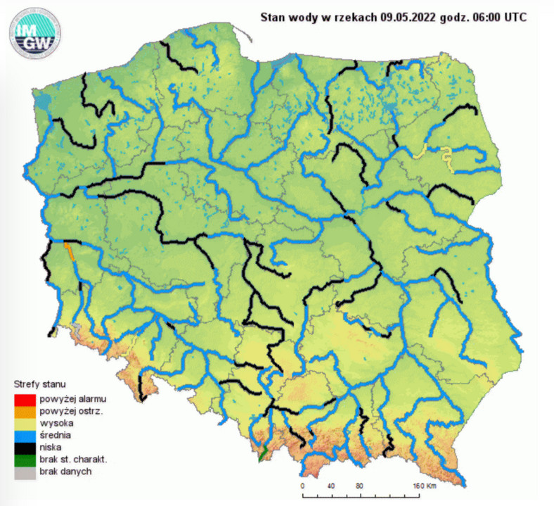 Stany wód w rzekach Polski w poniedziałek