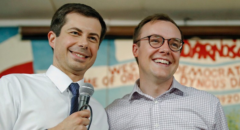 South Bend Mayor and Democratic presidential candidate Pete Buttigieg (L) speaks beside husband Chasten Glezman at the West Side Democratic Club during a Dyngus Day celebration event on Monday, April 22, 2019 in South Bend, Indiana.