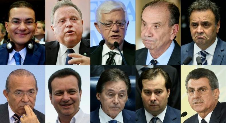 This combination of file pictures 10 of a list of almost 100 top politicians suspected of involvement in a massive embezzlement and bribery conspiracy that fleeced state oil company Petrobras and funneled dirty money into leading political parties