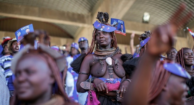 Supporters of opposition candidate McHenry Venaani, dressed in traditional Himba attire, at a final rally in the capital Windhoek