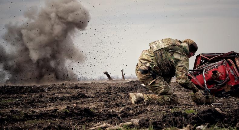 Ukrainian militaries training with hand grenades on Lyman direction on April 8, 2023, in Donetsk Oblast, Ukraine.Yan Dobronosov/Global Images Ukraine via Getty Images