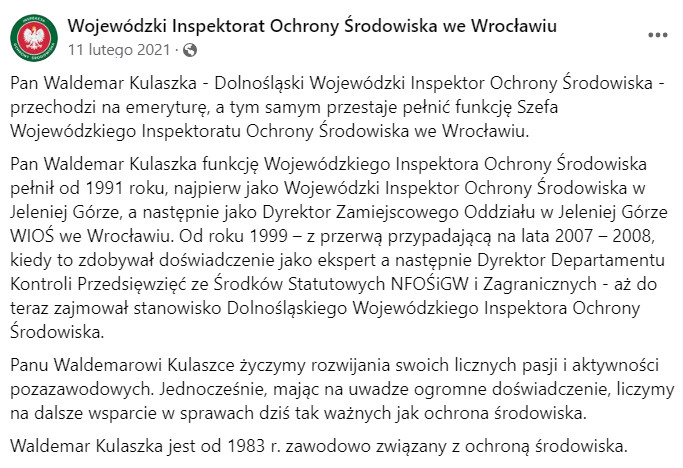 Waldemar Kulaszka odszedł na emeryturę w lutym 2021 r. Źródło" Facebook WIOŚ we Wrocławiu