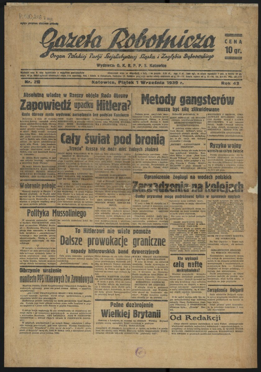 Nagłówki gazet z 1 września 1939 roku.