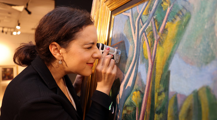 Kelen Anna minden festményt alaposan átvizsgál, amikor a keze ügyébe kerül /Fotó: Fuszek Gábor